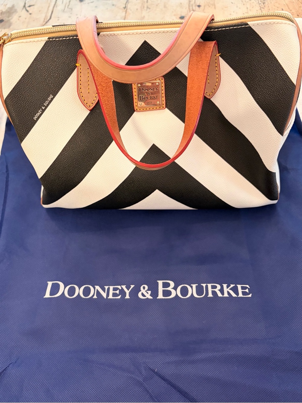 Dooney & Bourke Black and White Chevron Satchel with Red Accented Handles